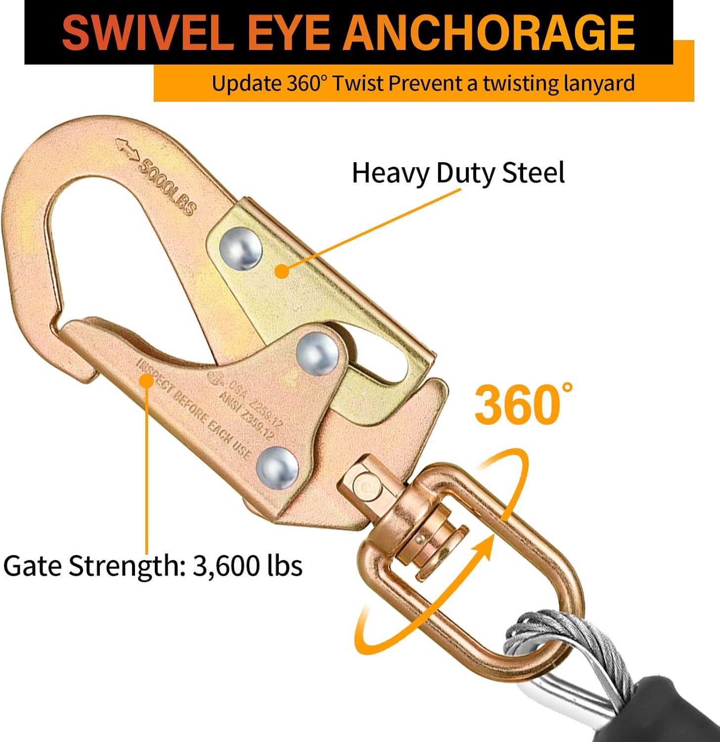 Sunworks 30 ft Self-Retracting Lifeline (SRL) | Fall Protection Retractable Lanyard with Galvanized Steel Cable, Dual Internal Shock Absorber & Waterproof Housing | ANSI Compliant