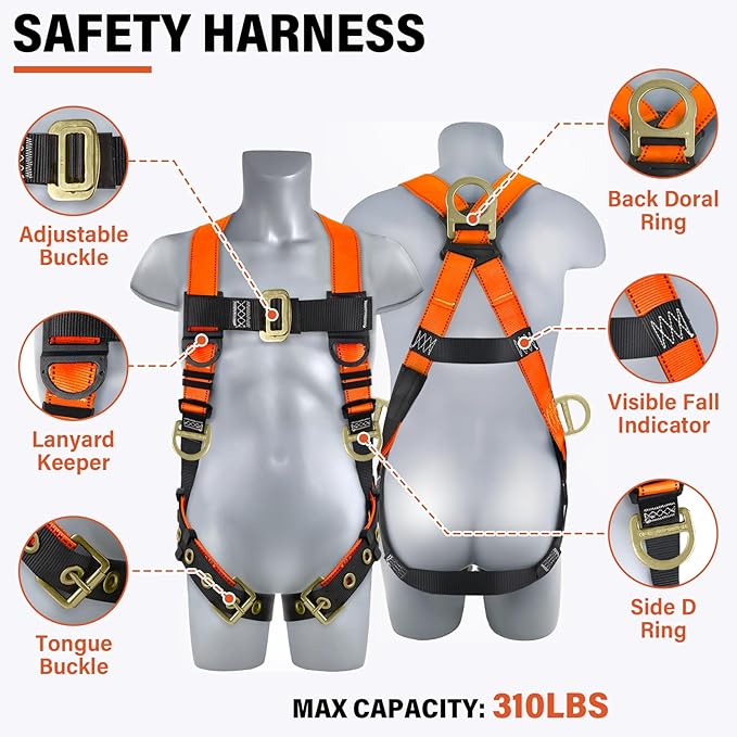 Sunworks Safety Harness Fall Protection Kit Roofing Harnesses 50ft Safety Rope Lanyard Kit 5 Gallon Bucket Kit Roof Top Anchor Construction Work 20pcs Nails
