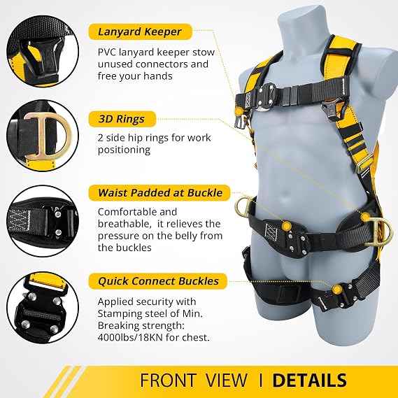Safety Harness Fall Protection - Roofing Harness Kit Men Full Body Construction Harness with Lanyard for Work Upgrade 4 Quick Buckles Yellow