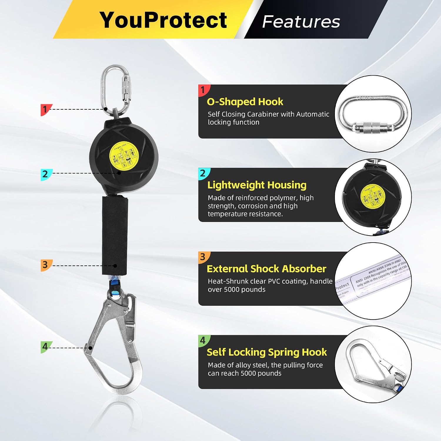 Sunworks 11FT Self Retracting Lifeline Fall Protection Retractable Lanyard, Fall Arrest Safety Yoyo for Construction Industrial - OSHA/ANSI Compliant (Large Hook)