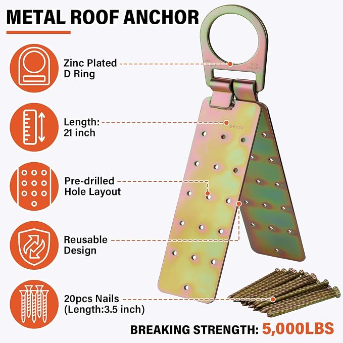 Sunworks Safety Harness Fall Protection Kit Roofing Harnesses 50ft Safety Rope Lanyard Kit 5 Gallon Bucket Kit Roof Top Anchor Construction Work 20pcs Nails