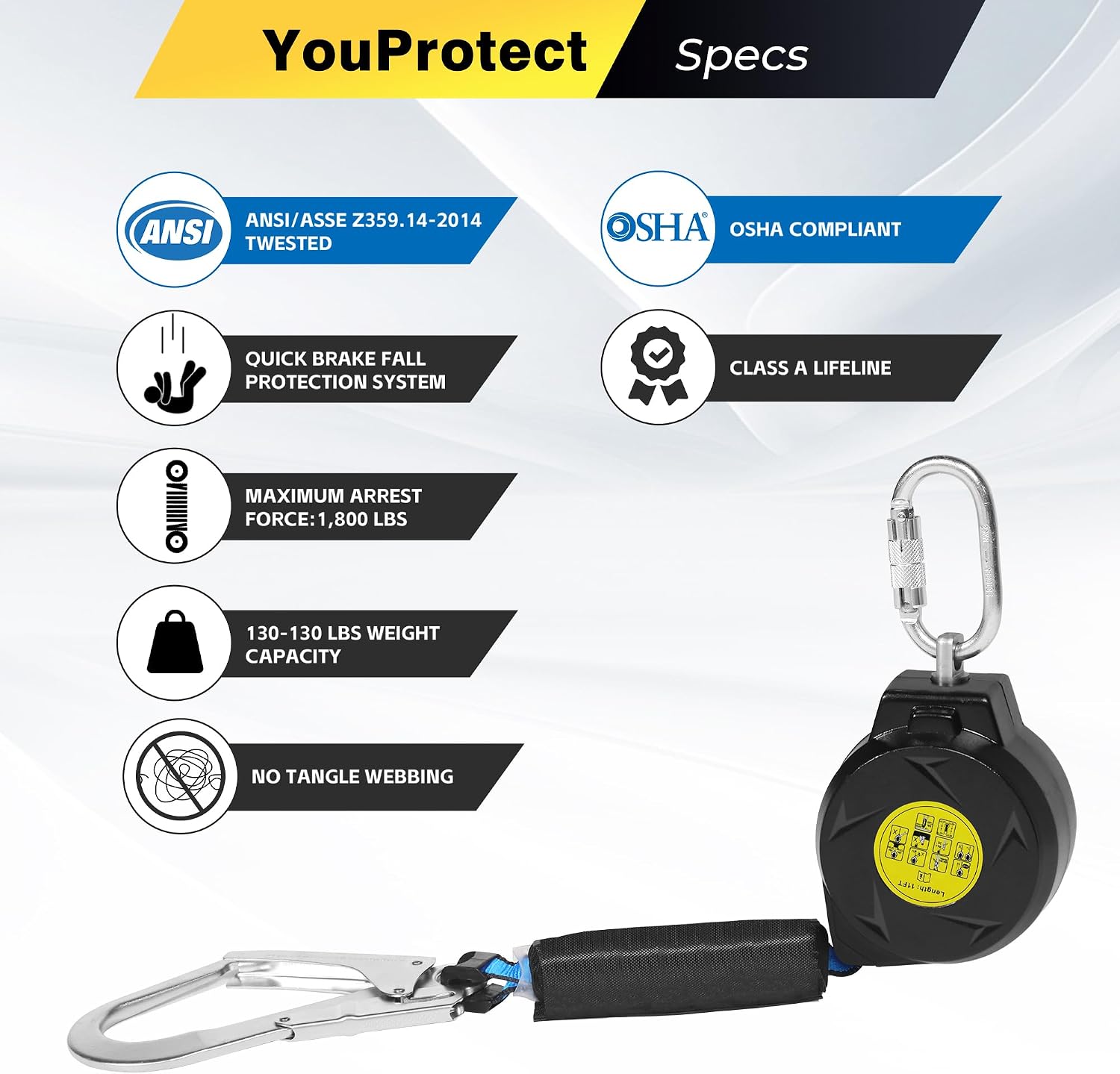 Sunworks 11FT Self Retracting Lifeline Fall Protection Retractable Lanyard, Fall Arrest Safety Yoyo for Construction Industrial - OSHA/ANSI Compliant (Large Hook)