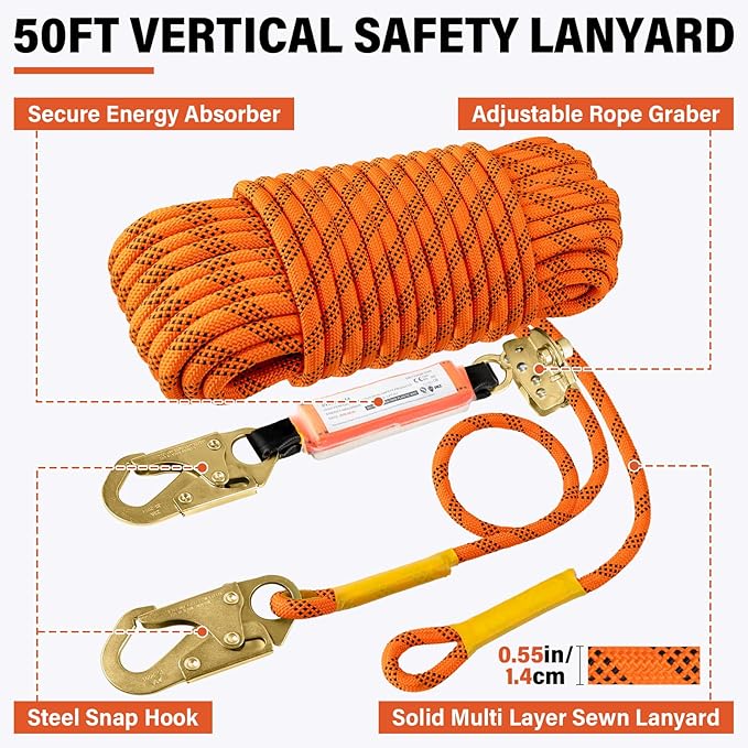 Sunworks Safety Harness Fall Protection Kit Roofing Harnesses 50ft Safety Rope Lanyard Kit 5 Gallon Bucket Kit Roof Top Anchor Construction Work 20pcs Nails