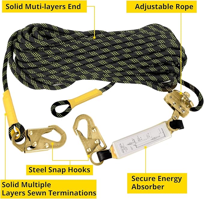 Rope Harness Safety Lanyard：25/50/100/150ft Vertical Roofing Rope Grab Snap Hooks Shock Absorber Fall Protection Kit