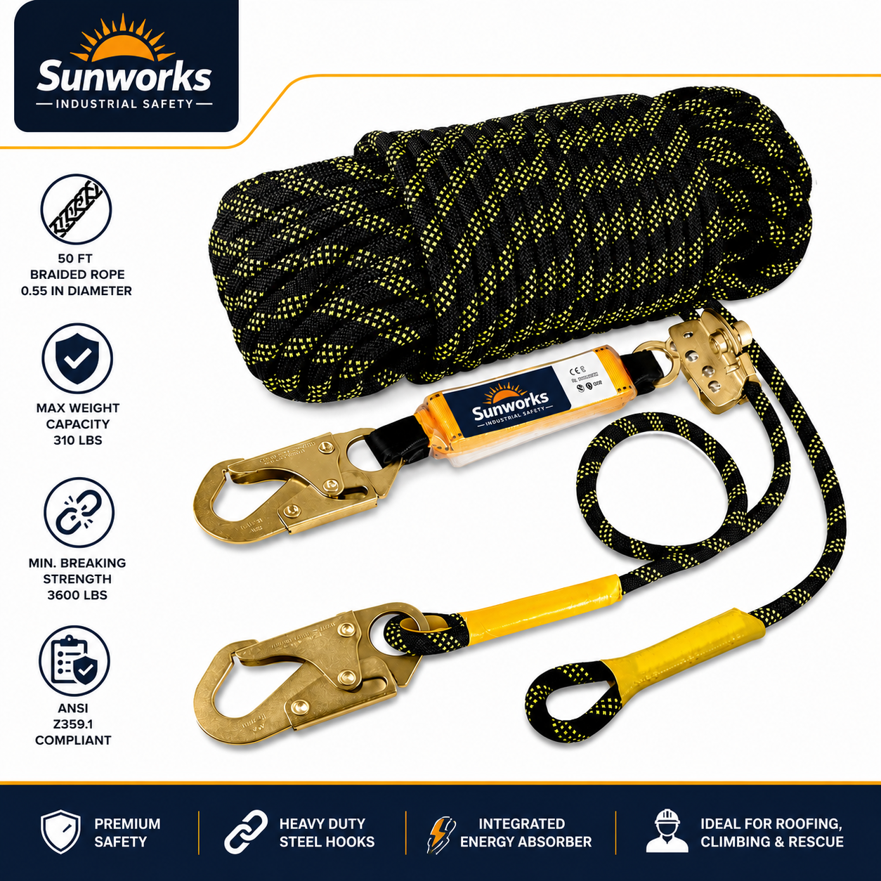 Rope Harness Safety Lanyard：25/50/100/150ft Vertical Roofing Rope Grab Snap Hooks Shock Absorber Fall Protection Kit