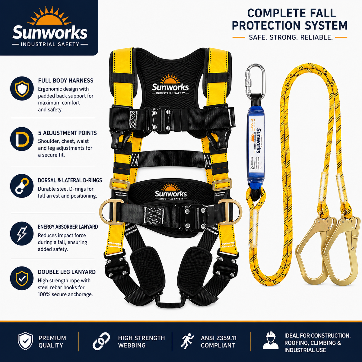 Safety Harness Fall Protection - Roofing Harness Kit Men Full Body Construction Harness with Lanyard for Work Upgrade 4 Quick Buckles Yellow