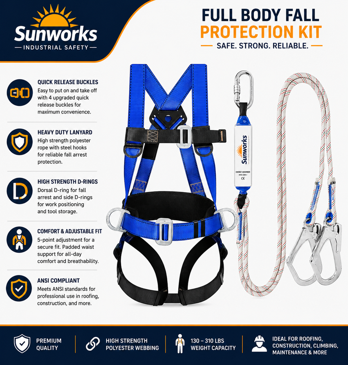 Safety Harness Fall Protection Kit - Full Body Roofing harnesses with Shock Absorbing Lanyard Upgrade Paded