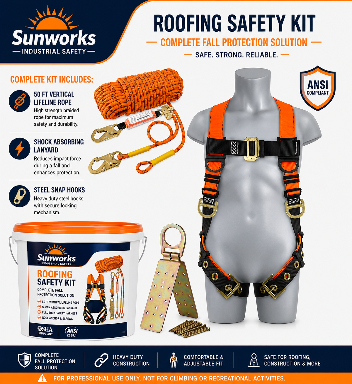 Sunworks Safety Harness Fall Protection Kit Roofing Harnesses 50ft Safety Rope Lanyard Kit 5 Gallon Bucket Kit Roof Top Anchor Construction Work 20pcs Nails