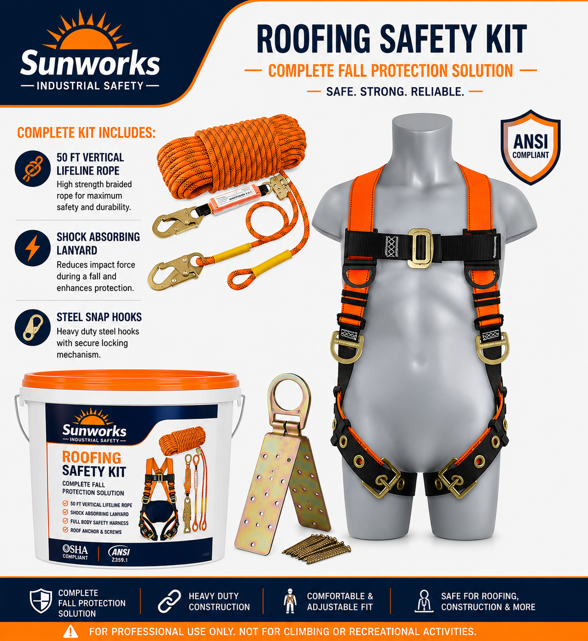 Sunworks Safety Harness Fall Protection Kit Roofing Harnesses 50ft Safety Rope Lanyard Kit 5 Gallon Bucket Kit Roof Top Anchor Construction Work 20pcs Nails
