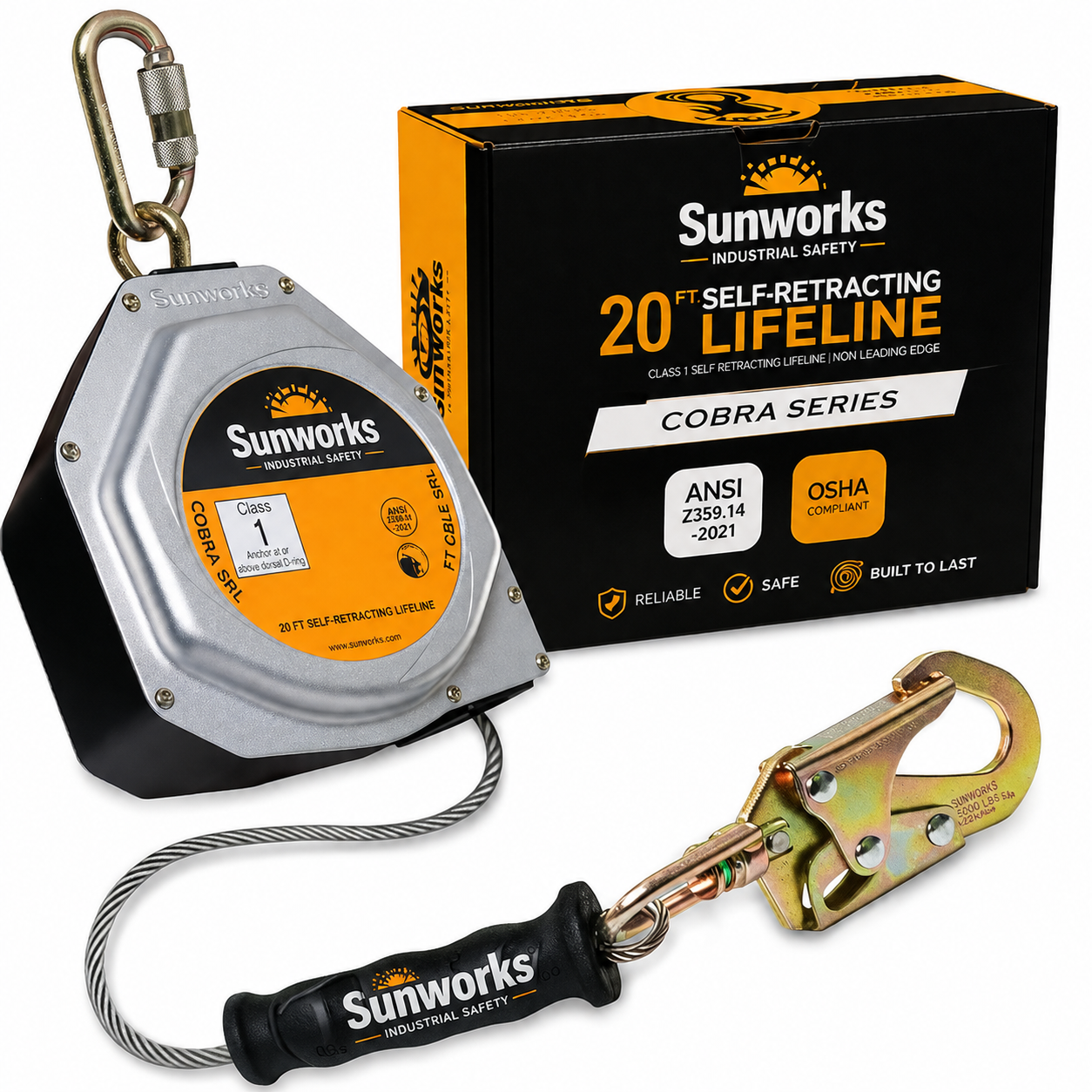 Sunworks 20' Self Retracting Lifeline [NO Tangle Steel Cable] Class 1 SRL ANSI OSHA Retractable Fall Arrest Construction Roofing PPE Gear