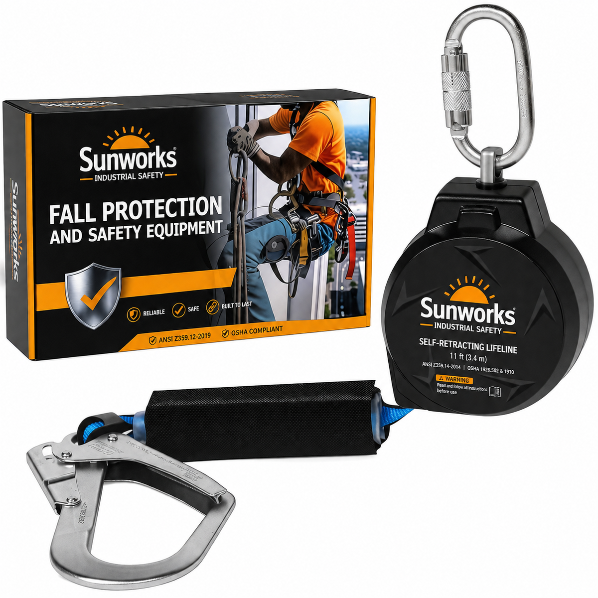Sunworks 11FT Self Retracting Lifeline Fall Protection Retractable Lanyard, Fall Arrest Safety Yoyo for Construction Industrial - OSHA/ANSI Compliant (Large Hook)