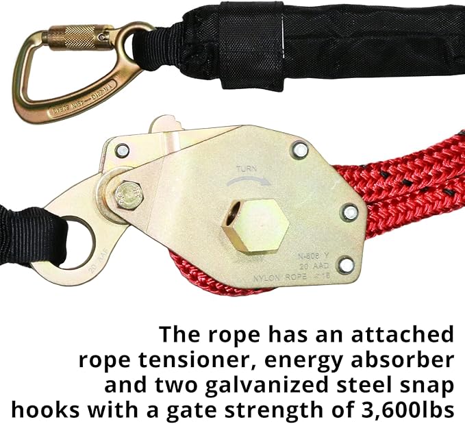 Heavy-Duty 100FT Adjustable Horizontal Lifeline System - 5/8" Kernmantle Temporary 4-Person Fall Protection Rope Kit with 6FT Anchor Straps