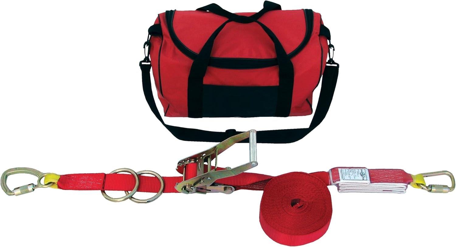 60FT Synthetic Web Horizontal Lifeline System - Temporary 2-Person Fall Protection Kit with Integrated Ratchet Tensioner & Tie-Off Adaptors