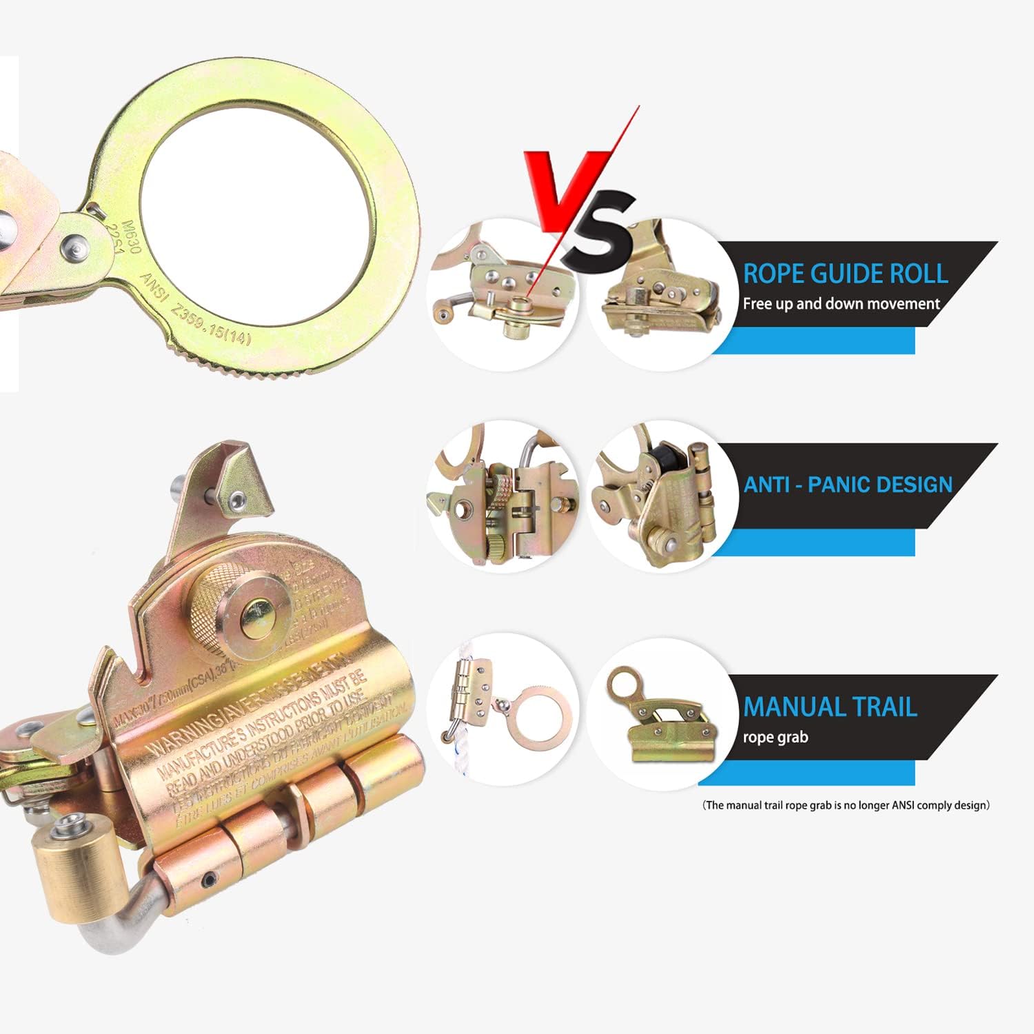 Heavy-Duty Steel Auto-Trail Rope Grab for 5/8" Lifelines - Anti-Panic Double Locking Fall Arrester Device