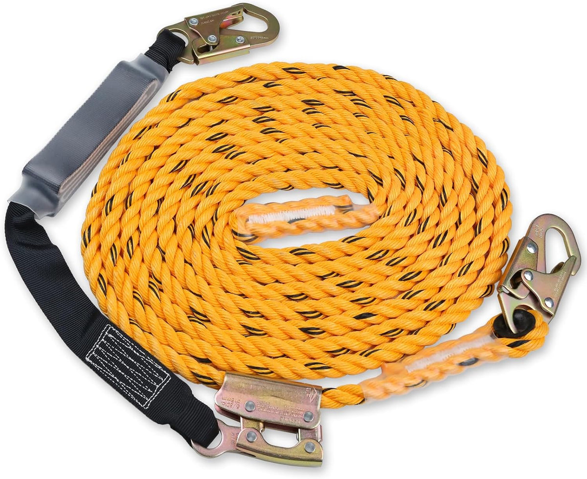 50FT Vertical Lifeline Assembly - 0.55" Heavy-Duty Braided Polyester Safety Rope Kit with Anti-Panic Rope Grab & Integrated Shock Absorber