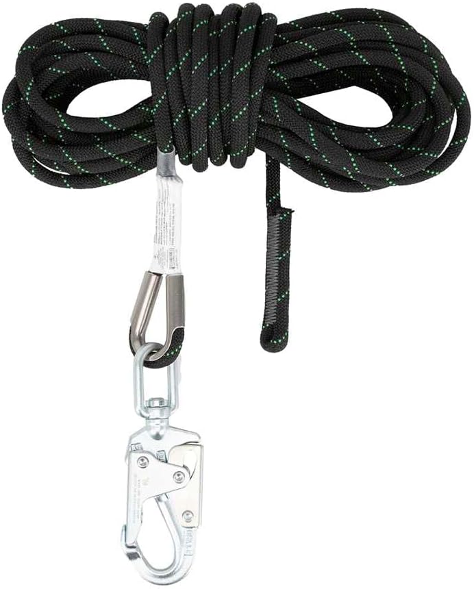 50FT Kernmantle Vertical Lifeline Rope - 7/16" High-Strength Polyester Safety Line with Steel Swivel Snap Hook & Captive Eye